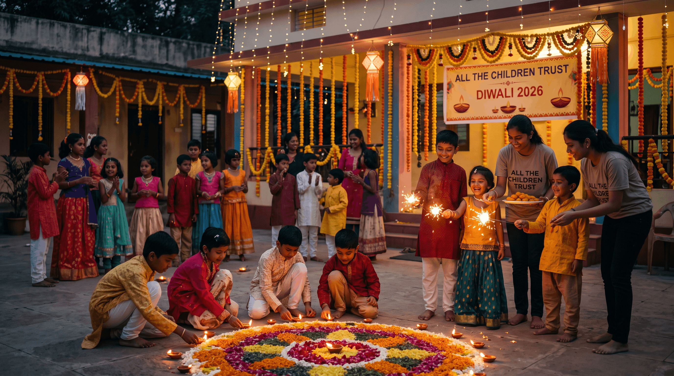 Diwali celebration with children lighting diyas on flower rangoli at All The Children Trust
